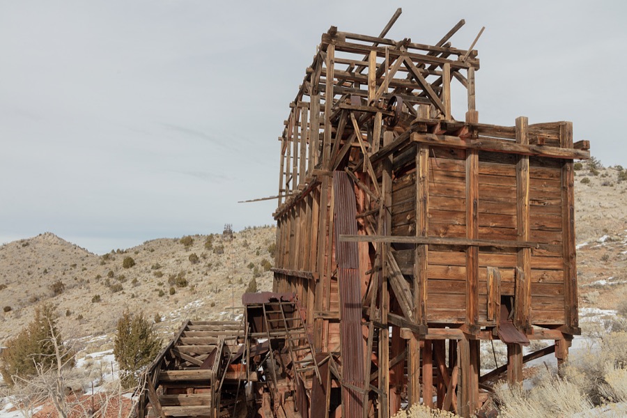 Part of a tramway used to ship ore from mines high on a hill in Pioche, which appears to hang along the side of a mountain and in a bowl below in Nevada's high desert, near the state's eastern border with Utah