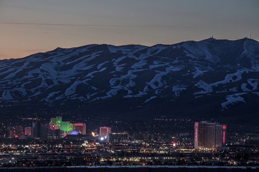 Dusk shot of Reno, a northern Nevada city that would be the state's gambling capital were it not for the worldwide mega-attraction that is Las Vegas, 439 miles to the south in the state