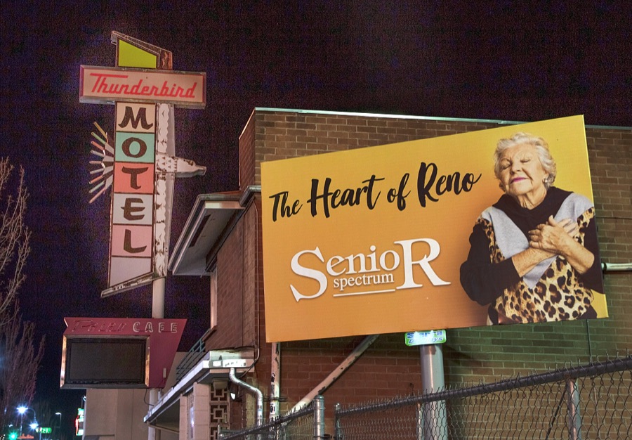 Sign for a senior-living center in Reno, a northern Nevada city that would be the state's gambling capital were it not for the worldwide mega-attraction that is Las Vegas, 439 miles to the south in the state