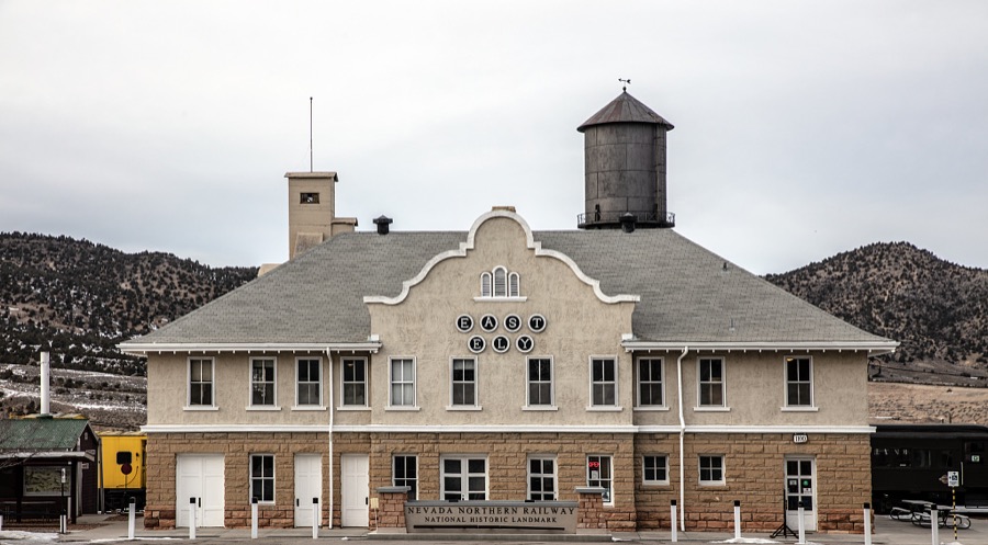 The old East Ely train depot, now (in 2022) a station of the Nevada Northern Railway museum in Ely, a remote mountain town that was once a stagecoach stop and Pony Express station near the Utah border