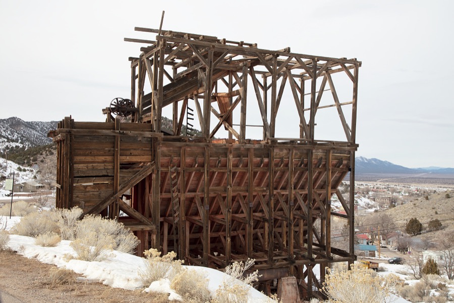 Part of a tramway used to ship ore from mines high on a hill in Pioche, which appears to hang along the side of a mountain and in a bowl below in Nevada's high desert, near the state's eastern border with Utah