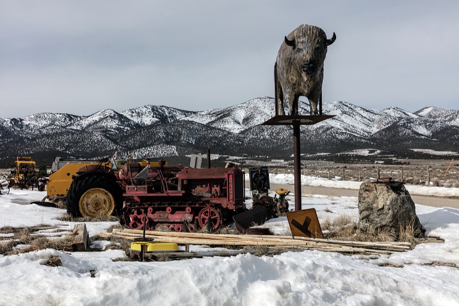 This haphazard conglomeration of old-time artifacts and collectibles, including an imposing metal-art buffalo, is a part of the Willow Creek Trading Post in a remote valley near Ely, Nevada