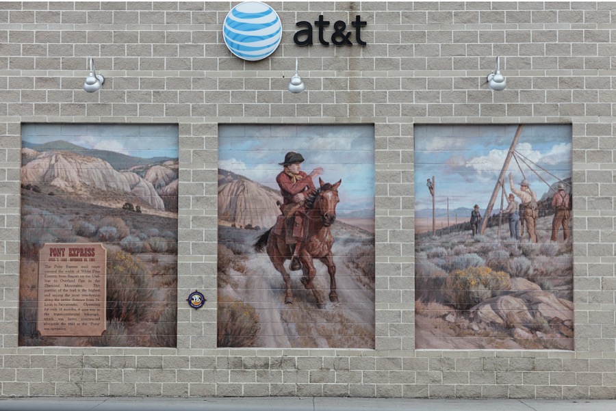 A historical triptych saluting the historic Pony Express in Ely, a remote Nevada mountain town that was once a stagecoach stop and Pony Express station near the Utah border