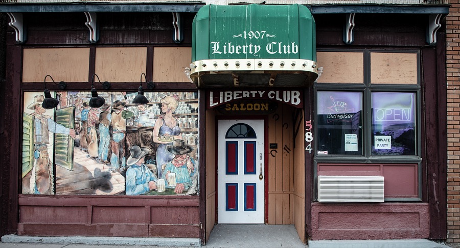 Entrance to the Liberty Club, full name Liberty Club O'Aces (a play on the word "oasis"), a bar in Ely, a remote Nevada mountain town that was once a stagecoach stop and Pony Express station near the Utah border