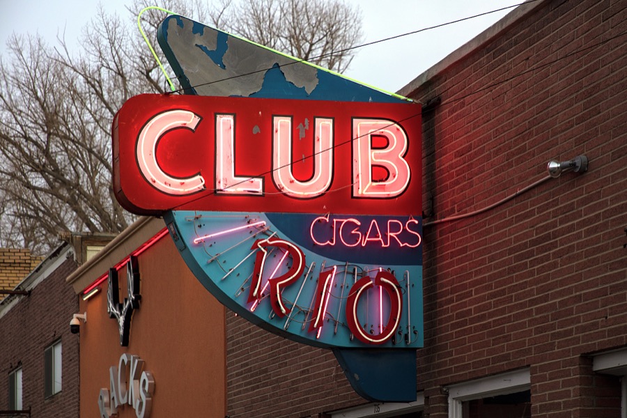Neon sign for the Club Rio bar and restaurant in Ely, a remote Nevada mountain town that was once a stagecoach stop and Pony Express station near the Utah border