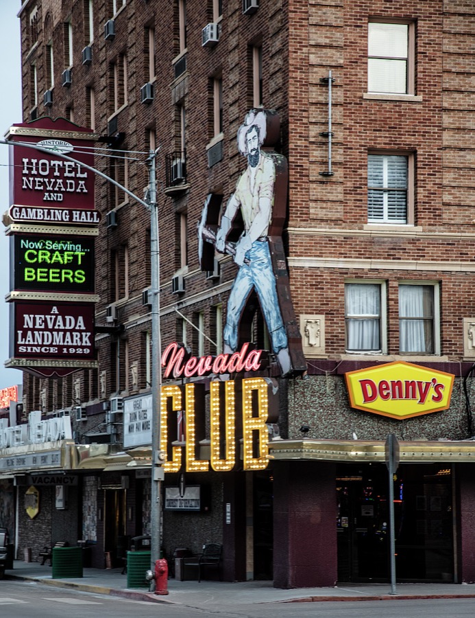 Neon sign for the Nevada Club, a bar and small casino inside the Hotel Nevada in Ely, a remote Nevada mountain town that was once a stagecoach stop and Pony Express station near the Utah border