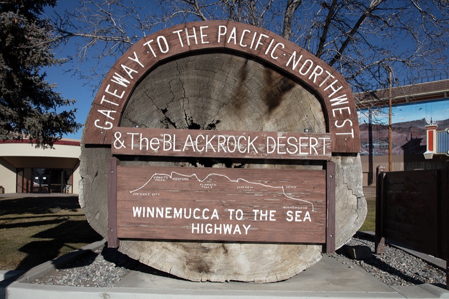 This marker, in Winnemucca, Nevada, denotes the beginning of a highway that stretches from northern Nevada and across California to the Pacific Ocean, near Crescent City