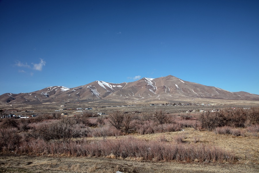 The brown terrain, with a dash of winter snow, outside Winnemucca, Nevada