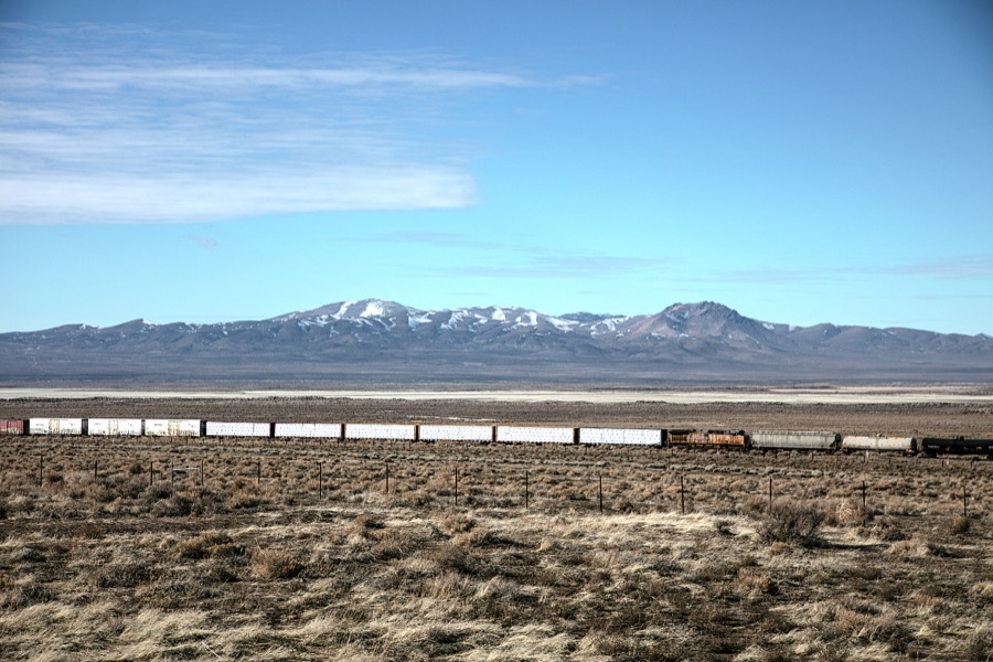 One of the American West's seemingly endless freight trains crosses the high desert near the town of Imlay