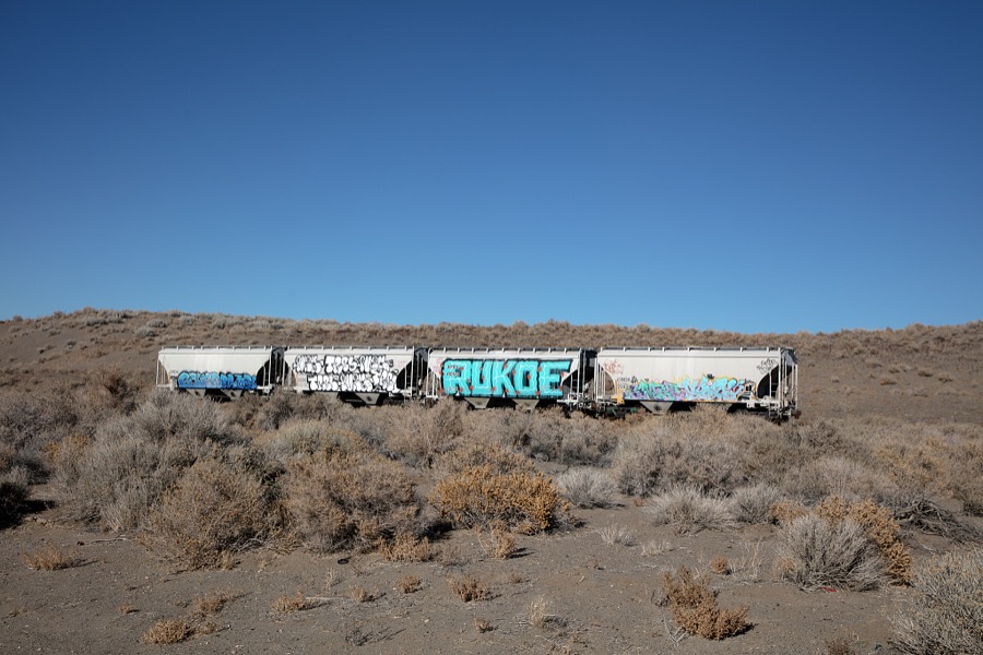 Isolated, perhaps forgotten, freight cars that have become the palette of graffiti artists, near Fernley, a small city in northwest Nevada