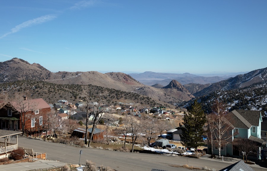 The nearly desolate, brown valley below remote Virginia City, Nevada