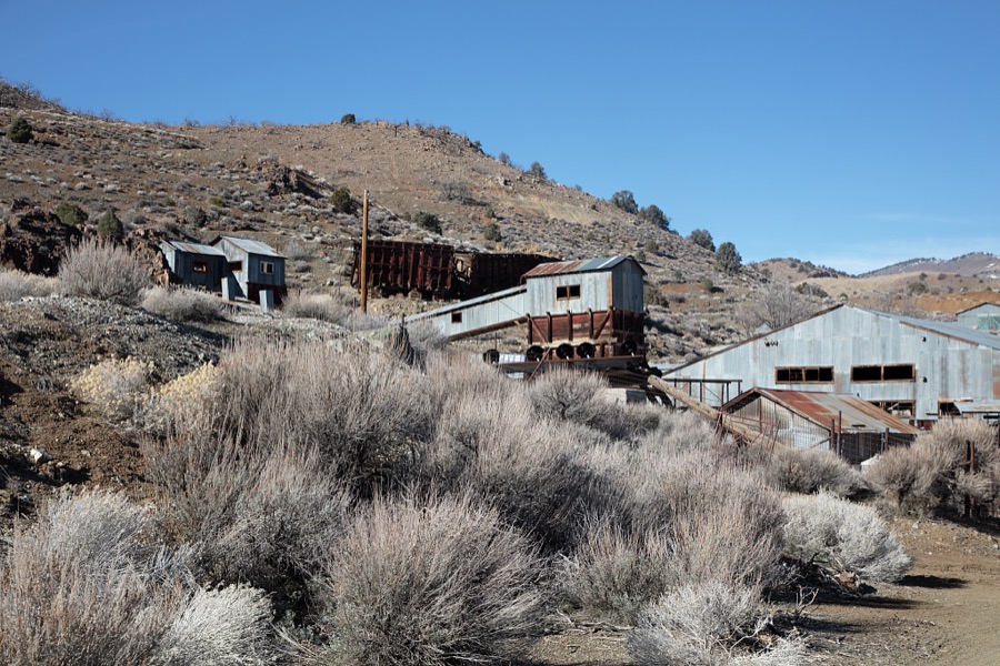Part of a long-abandoned silver-mining complex in what is now (as of 2022) the near-ghost town of Silver City, Nevada