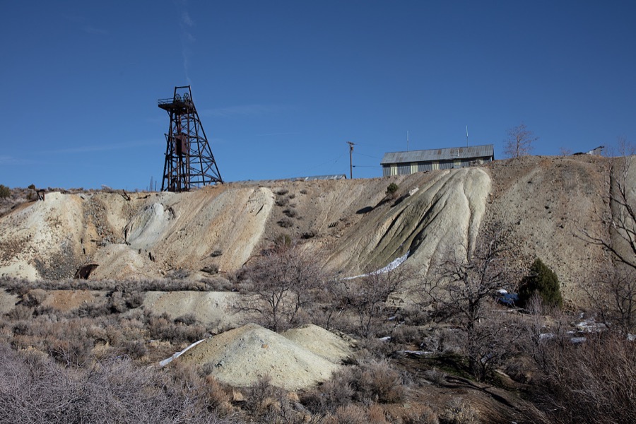 Part of a long-abandoned silver-mining complex in what is now (as of 2022) the near-ghost town of Silver City, Nevada
