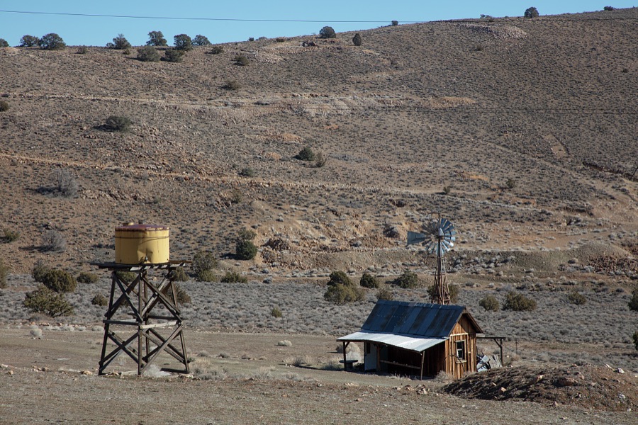 Part of a long-abandoned silver-mining complex in what is now (as of 2022) the near-ghost town of Silver City, Nevada