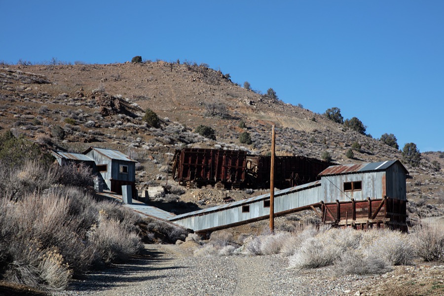 Part of a long-abandoned silver-mining complex in what is now (as of 2022) the near-ghost town of Silver City, Nevada