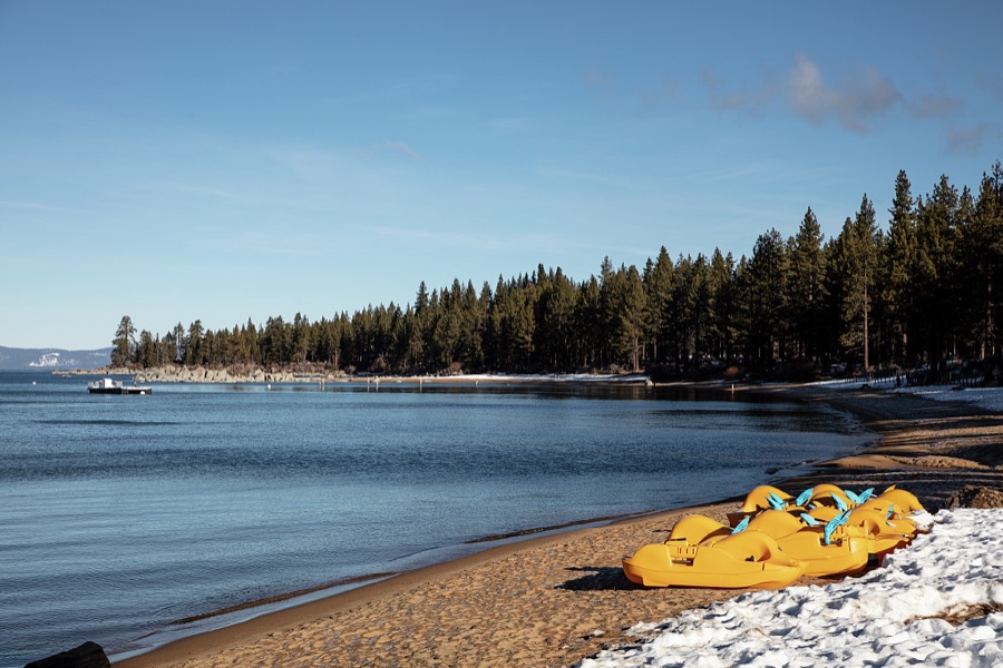 View of Lake Tahoe, America's largest alpine line, from the Nevada side, with California in the distance