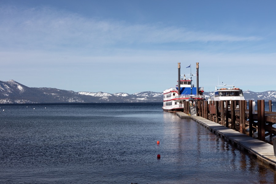 Ferry dock on the Nevada side of Lake Tahoe, America's largest alpine line, with California in the distance