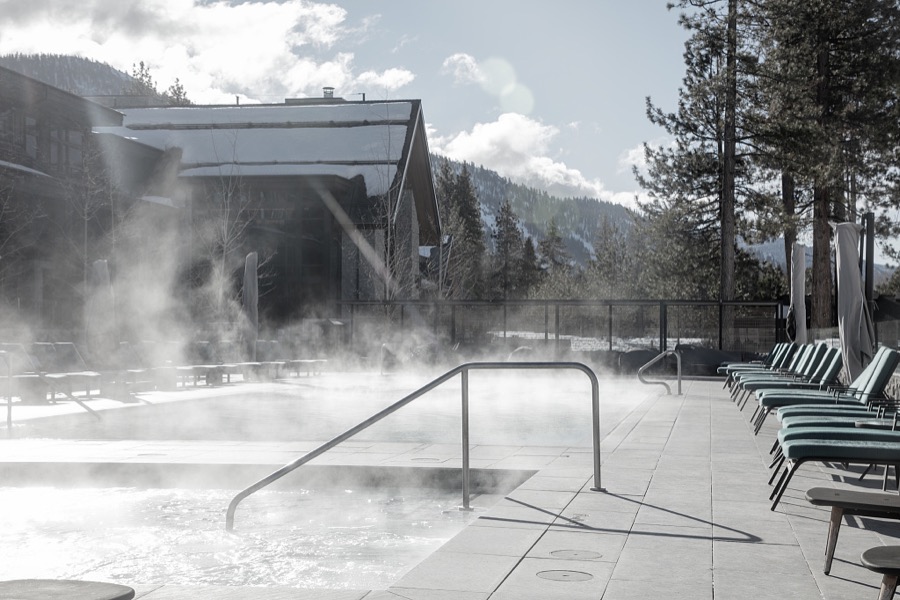 Lodge at the Edgewood Resort on the Nevada side of Lake Tahoe, America's largest alpine line, with California in the distance