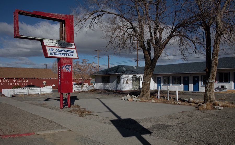 Business has long been nonexistent for this abandoned motel in the town of Hawthorne in the remote western Nevada desert