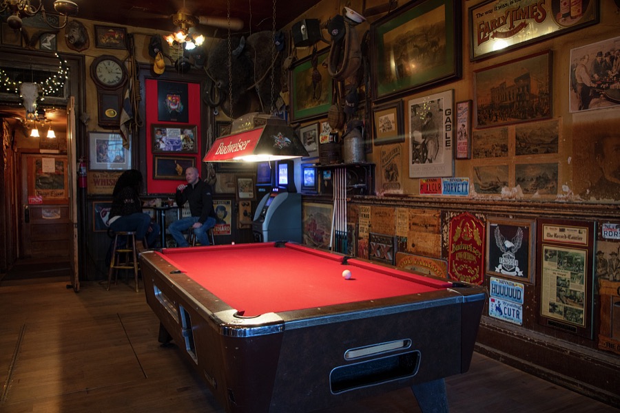 Scene inside the Genoa Bar and Saloon, known as "Nevada's Oldest Thirst Parlor," which opened in 1853 in Genoa, which itself is the western state of Nevada's oldest settlement, established in two years earlier