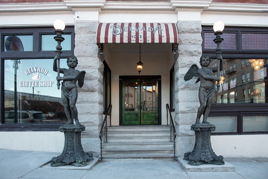 Entrance to the historic, renovated Belvada Hotel in Tonopah, an old town in southwest Nevada that was once a boomtown known as the "Queen of the Silver Camps"