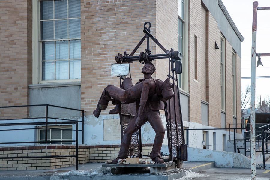 A metal-art statue honoring "Big Bill" Murphy outside the U.S. post office in Tonopah, an old town in southwest Nevada that was once a boomtown known as the "Queen of the Silver Camps"