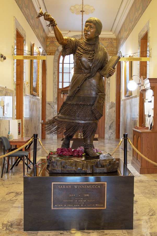 Statue of Sarah Winnemucca at the Nevada capitol in Carson City, the small capital city (55,000 population as of 2020) near the large gambling haven of Reno in the western state of Nevada