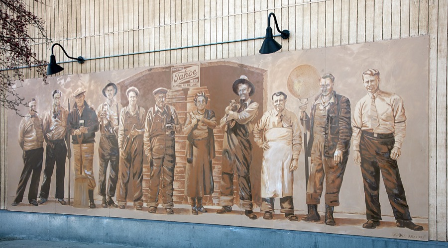 Artist J. Hunt's 1995 historical mural depicting the famous Millard family brewers who ran the Carson Brewery Company in the early 20th Century in the small Nevada capital of Carson City (55,000 population as of 2020), near the large gambling haven of Reno in the western state