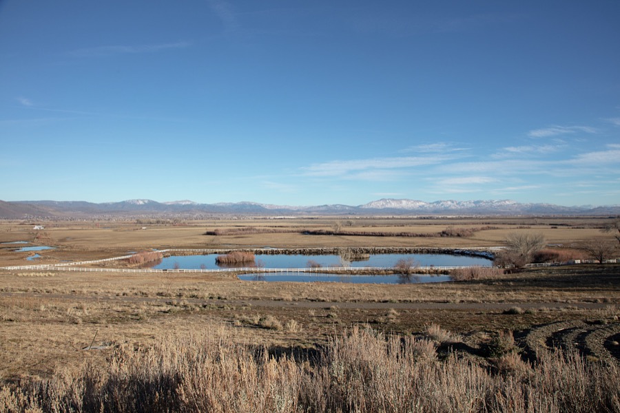 View of a large pond in the distance of a Nevada valley below the state's small capital, Carson City