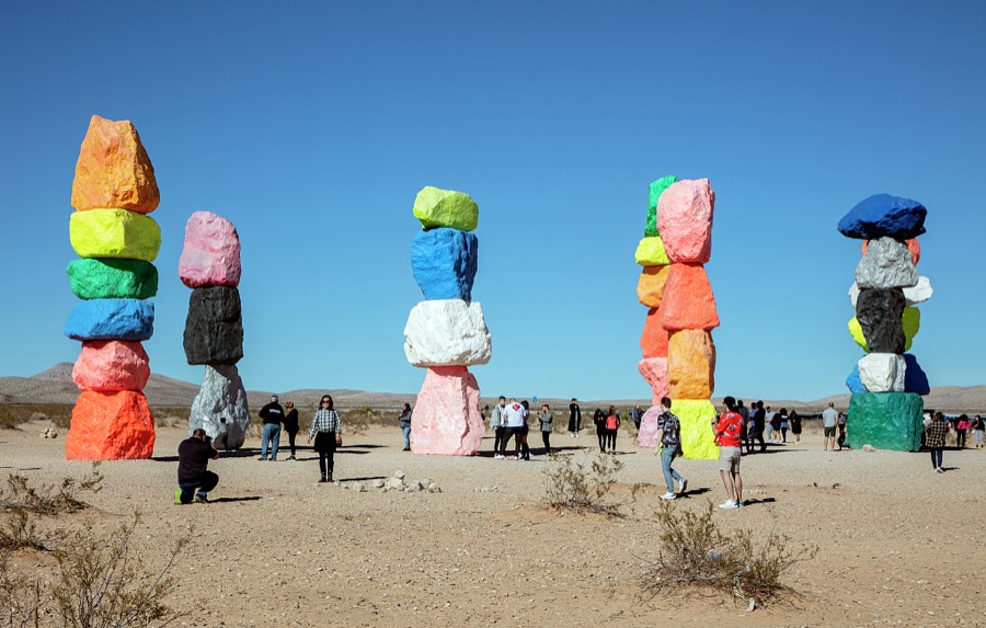 Swiss artist Ugo Rondinone's open and free Seven Magic Mountains installation of painted, stacked boulders near Jean Dry Lake in Nevada's Mojave desert, several miles south of Las Vegas