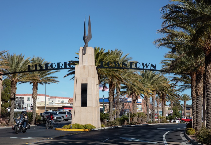 Entrance to the historic downtown area in Boulder City, a small city in the harsh Nevada desert about 25 miles from Las Vegas that began in 1931 as the home site for workers contracted to build the giant Boulder Dam, later renamed Hoover Dam after U.S. president Herbert Hoover
