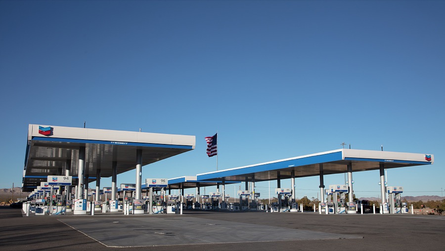 A Chevron gasoline station in Jean, a tiny town near Las Vegas, Nevada, near the California border that boasts it's "the world's largest gas station" with 96 pumps