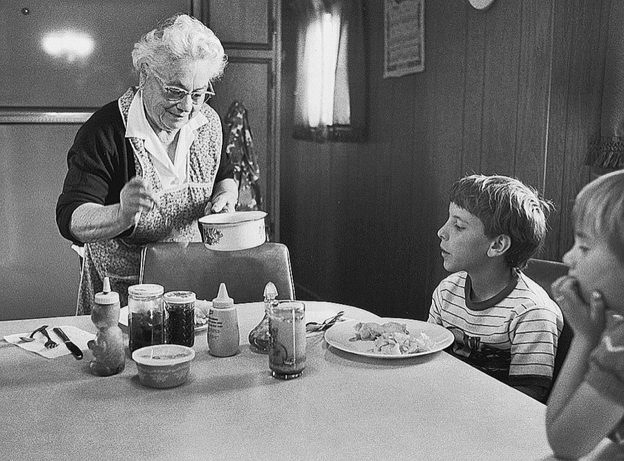 Basque ranch wife Delfina Zatica in her kitchen with her great-grandchildren, Paradise Valley, Nevada, 1978