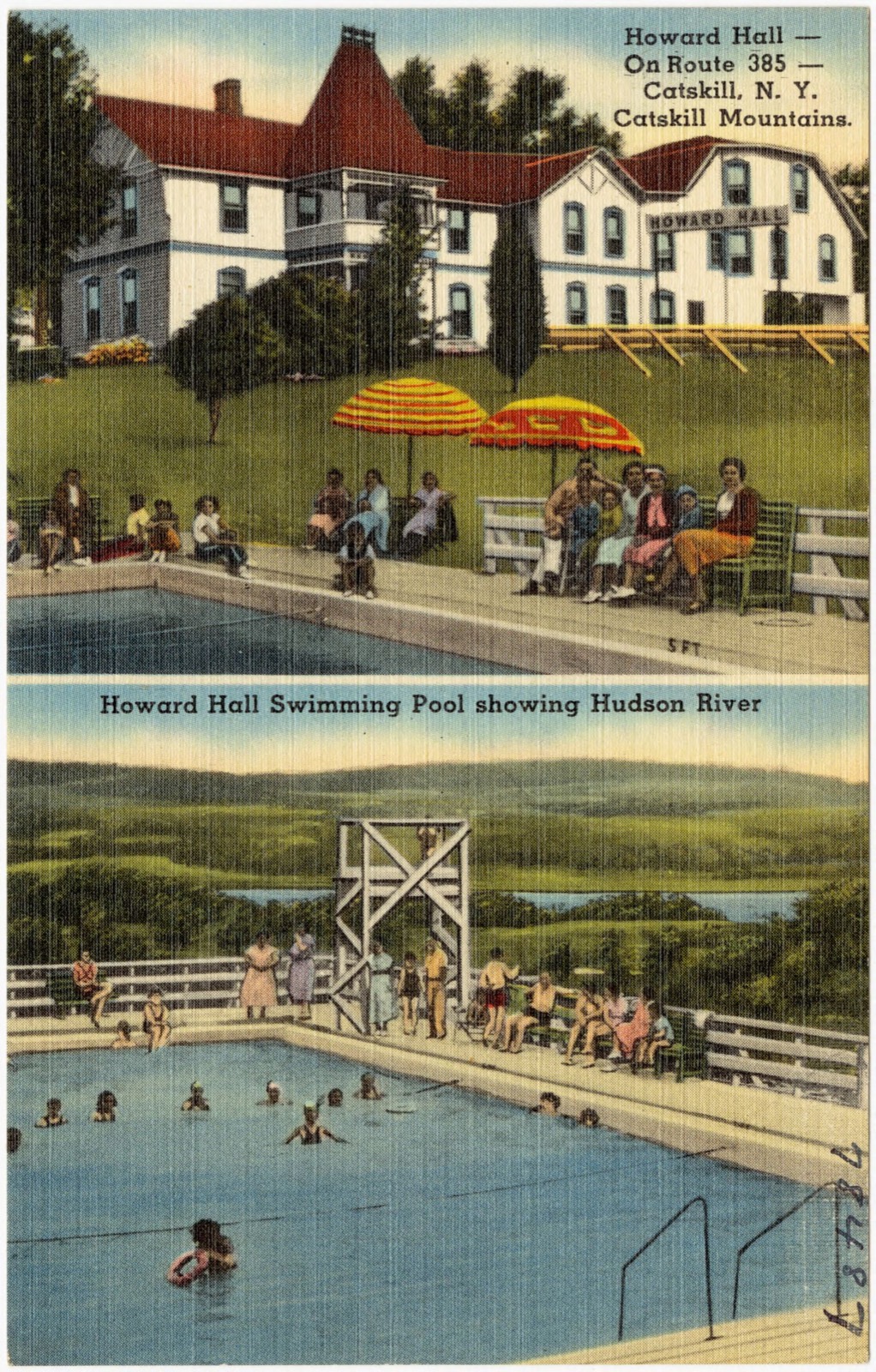 Howard Hall -- On Route 385 -- Catskill, N. Y., Catskill Mountains. Howard Hall swimming pool showing Hudson River, Boston Public Library - undated