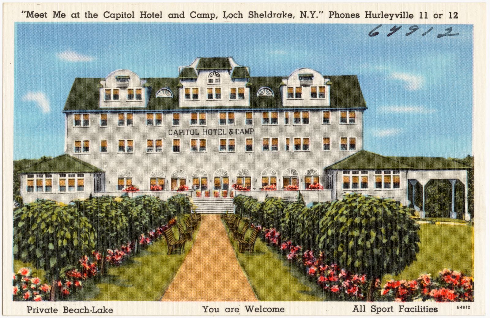 "Meet me at the Capitol Hotel and Camp, Loch Sheldrake, N.Y." Phones Hurleyville 11 or 12, Boston Public Library - undated