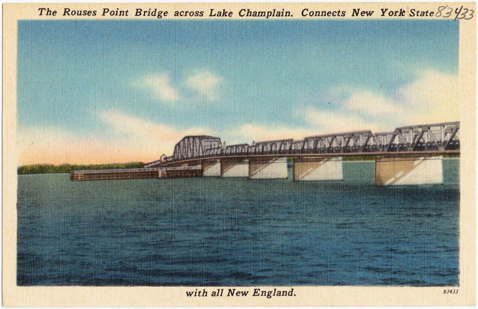 The Rouses Point Bridge across Lake Champlain. Connects New York state with all New England., Boston Public Library - undated