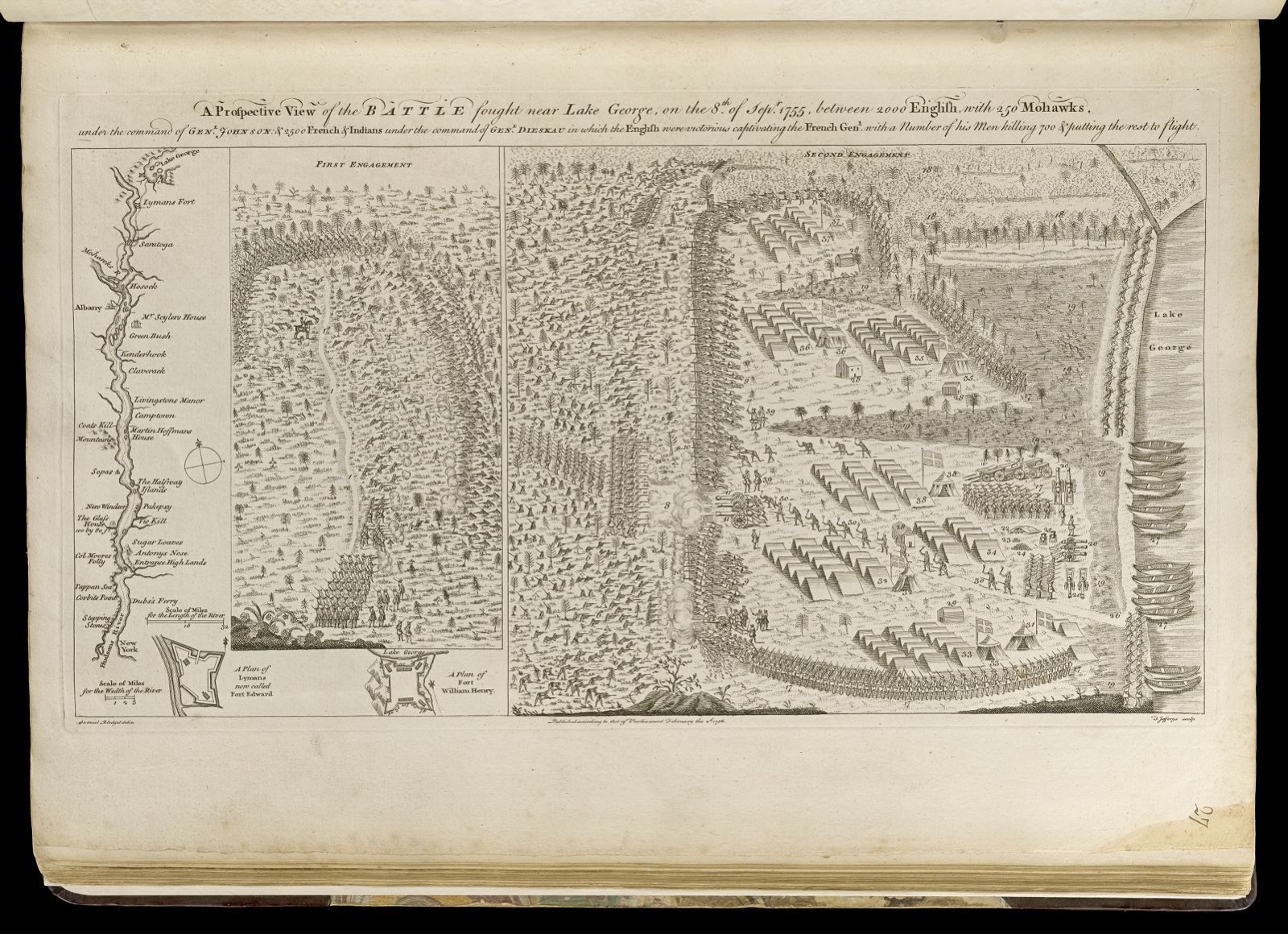 A prospective view of the battle fought near Lake George, on the 8th of Sepr. 1755, between 2000 English, with 250 Mohawks, under the command of Genl. Johnson & 2500 French & Indians under the command of Genl. Dieskau in which the English were victorious captivating the French Genl. with a number of his men killing 700 & putting the rest to flight, Boston Public Library - undated