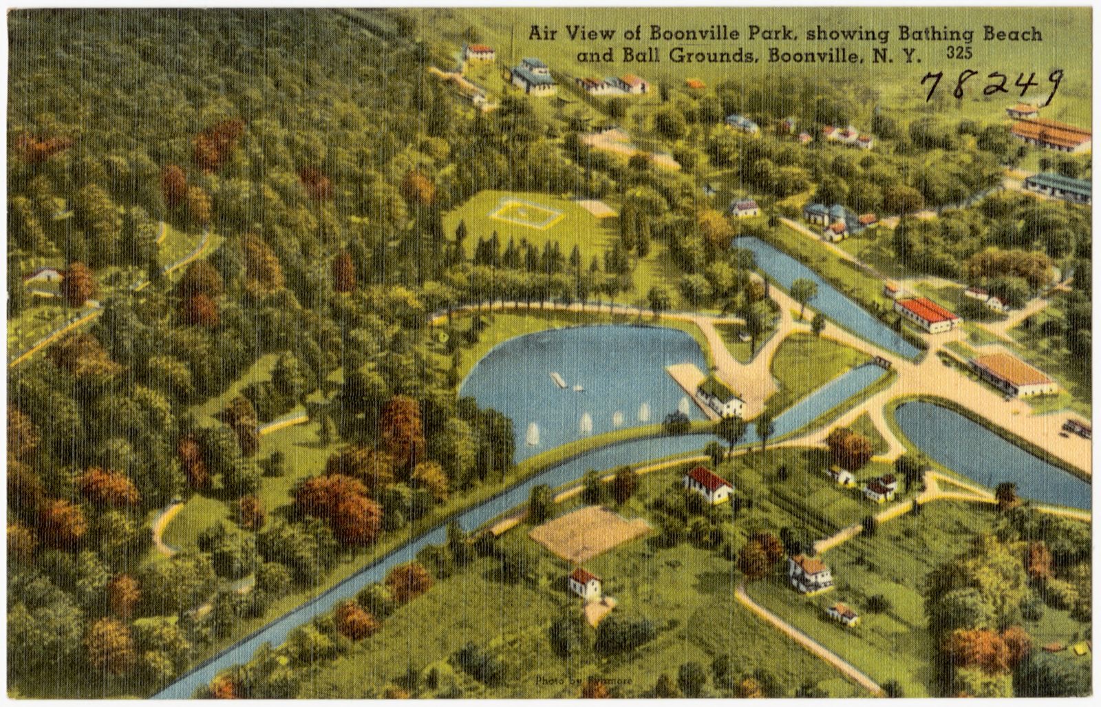 Air view of Boonville Park, showing Bathing Beach and Ball Grounds, Boonville, N. Y., Boston Public Library - undated