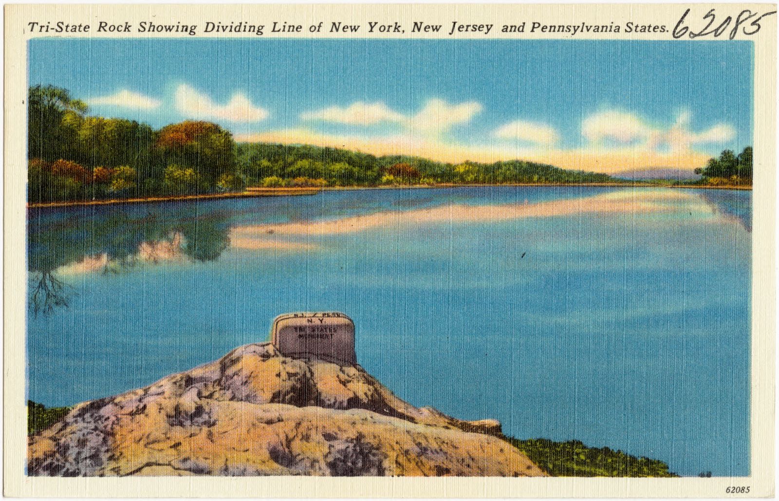 Tri-state rock showing dividing line of New York, New Jersey and Pennsylvania states., Boston Public Library - undated