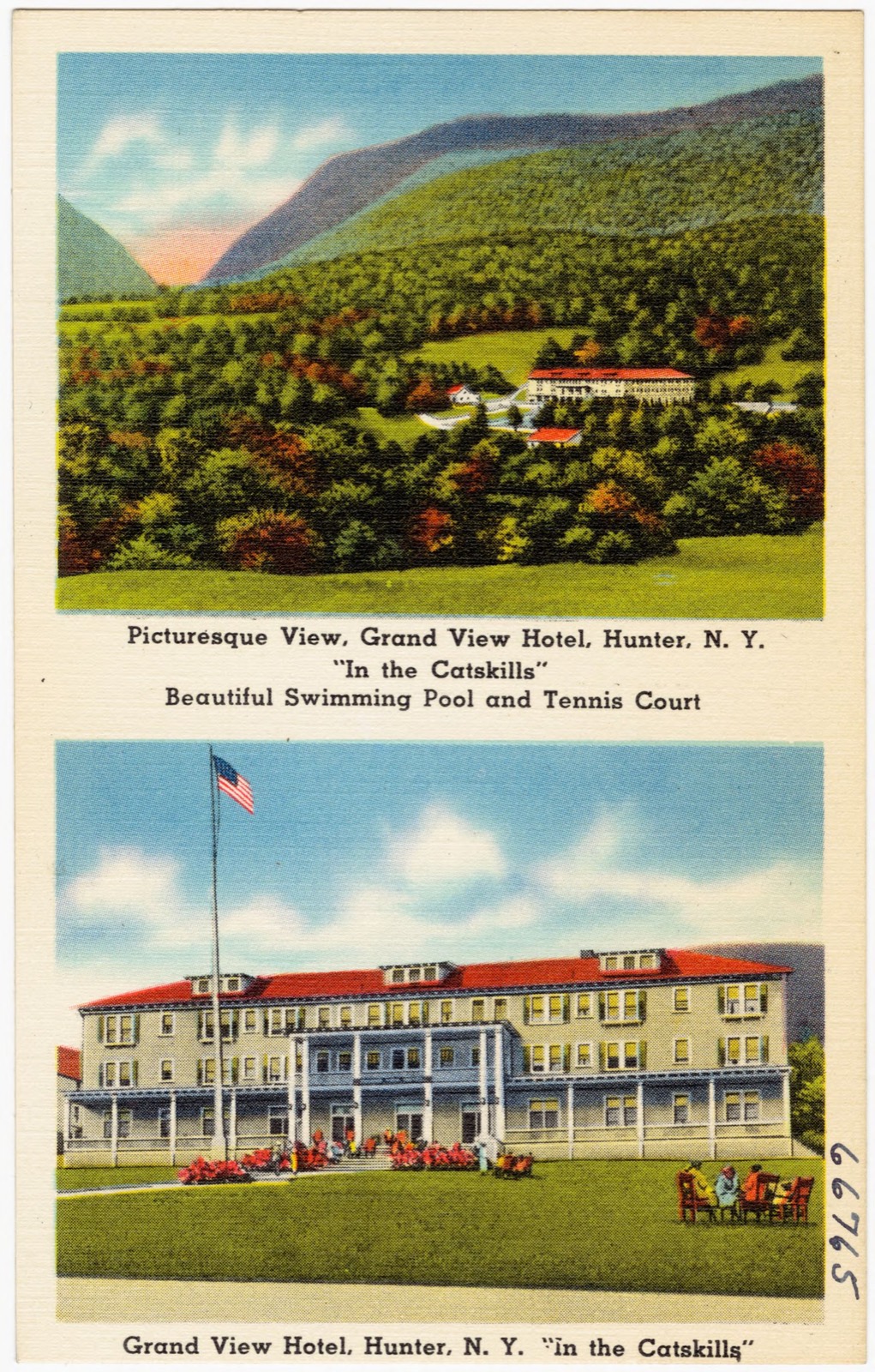 Picturesque view, Grand View Hotel, Hunter, N. Y. "In the Catskills." Beautiful swimming pool and tennis court. Grand View Hotel, Hunter, N. Y. "in the Catskills", Boston Public Library - undated