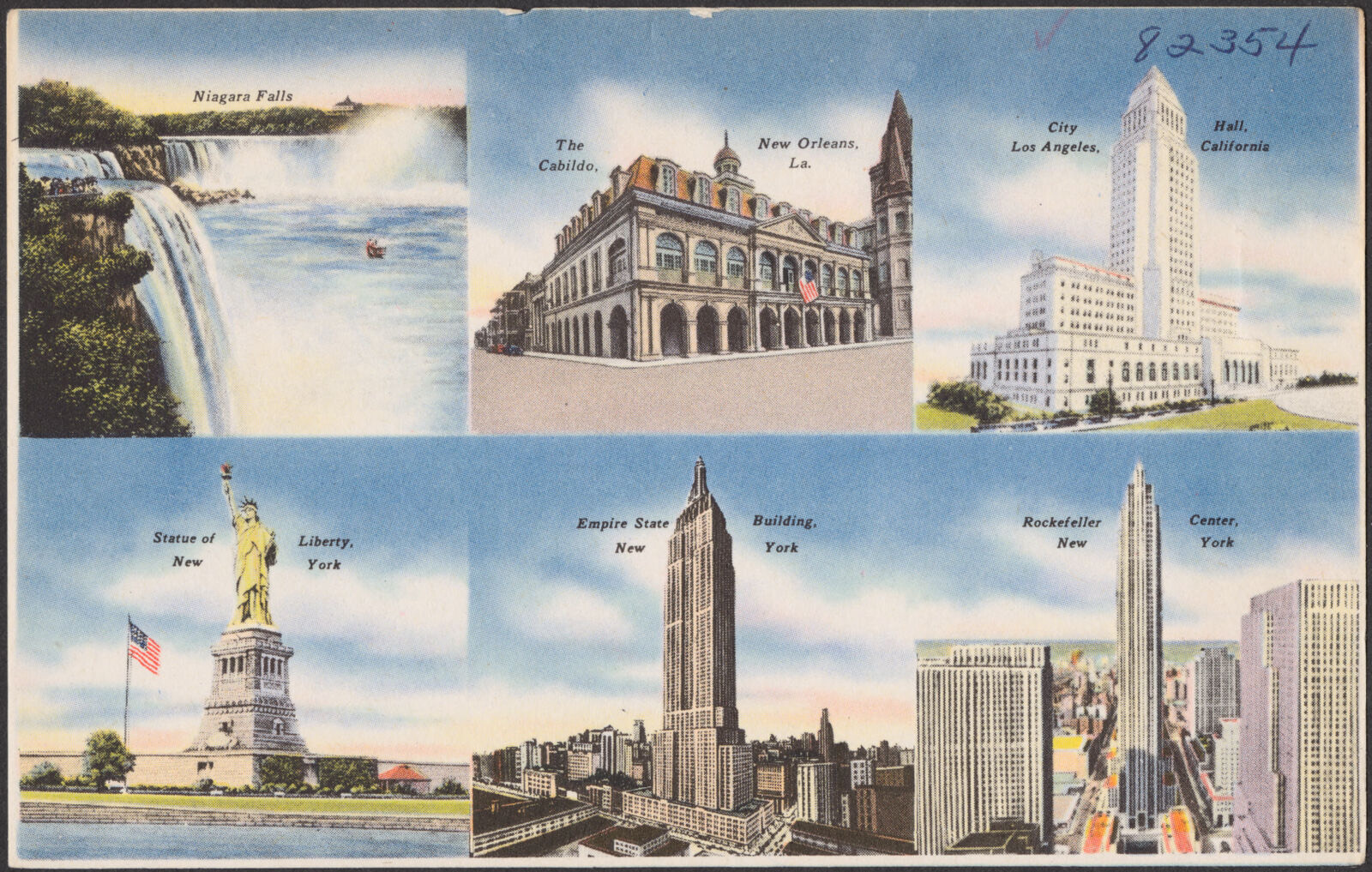 Niagara Falls. The Cabildo, New Orleans, La. City hall, Los Angeles, California. Statue of Liberty, New York. Empire State Building, New York. Rockefeller Center, New York, Boston Public Library - undated