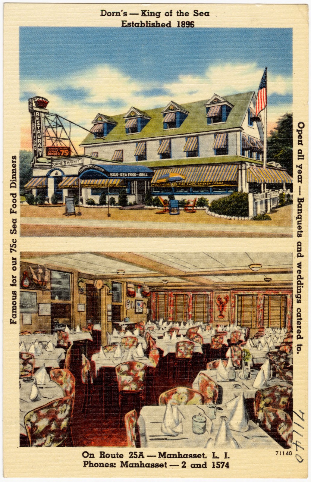 Dorn's -- King of the Sea. Established 1896. On Route 25A -- Manhasset, L. I. Phones: Manhasset -- 2 and 1574, Boston Public Library - undated