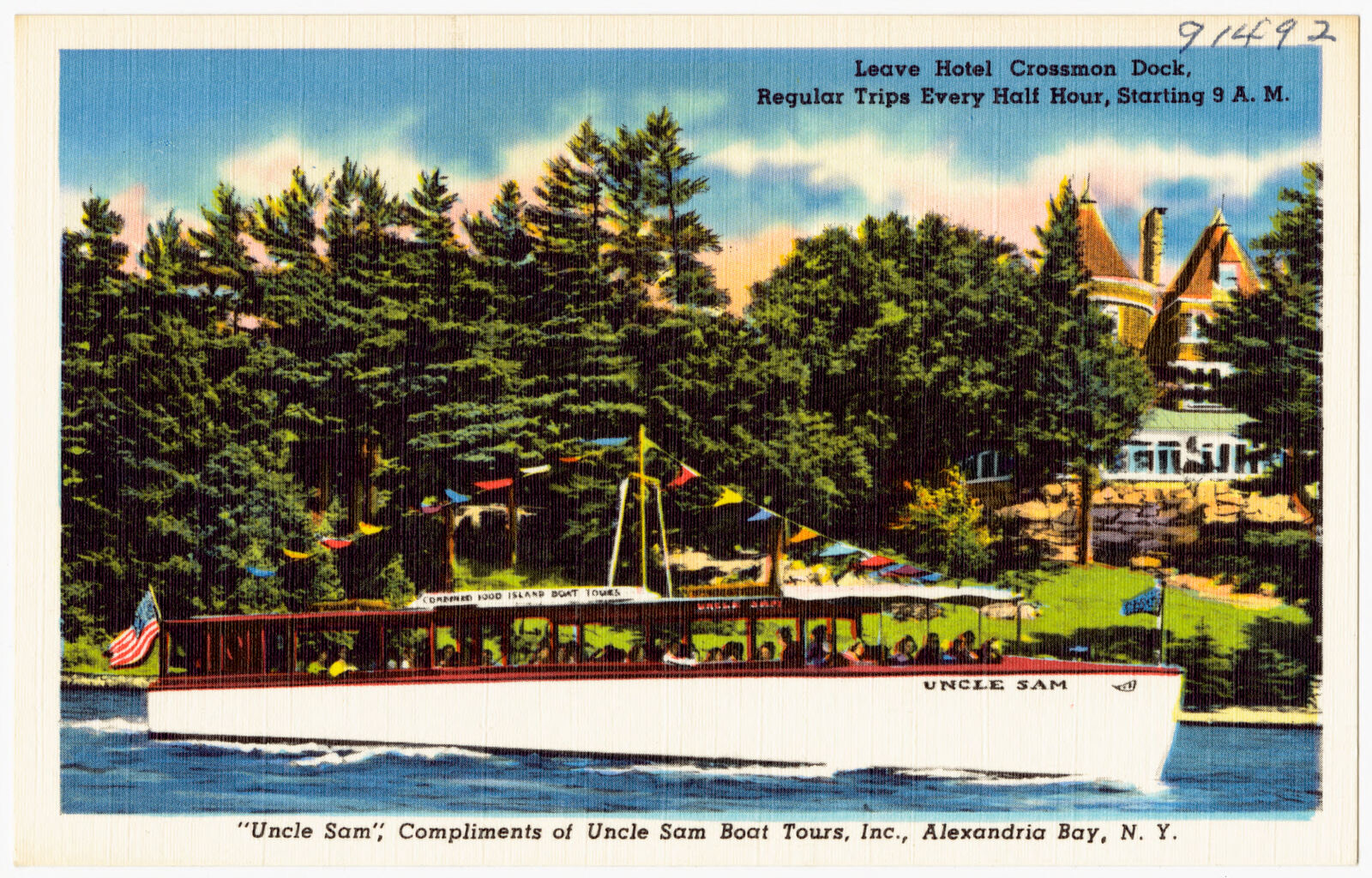 Uncle Sam, compliments of Uncle Sam Boat Tours, Inc., Alexandria Bay, N. Y. Leave Hotel Crossmon dock, regular trips every half hour, starting 9 A.M., Boston Public Library - undated