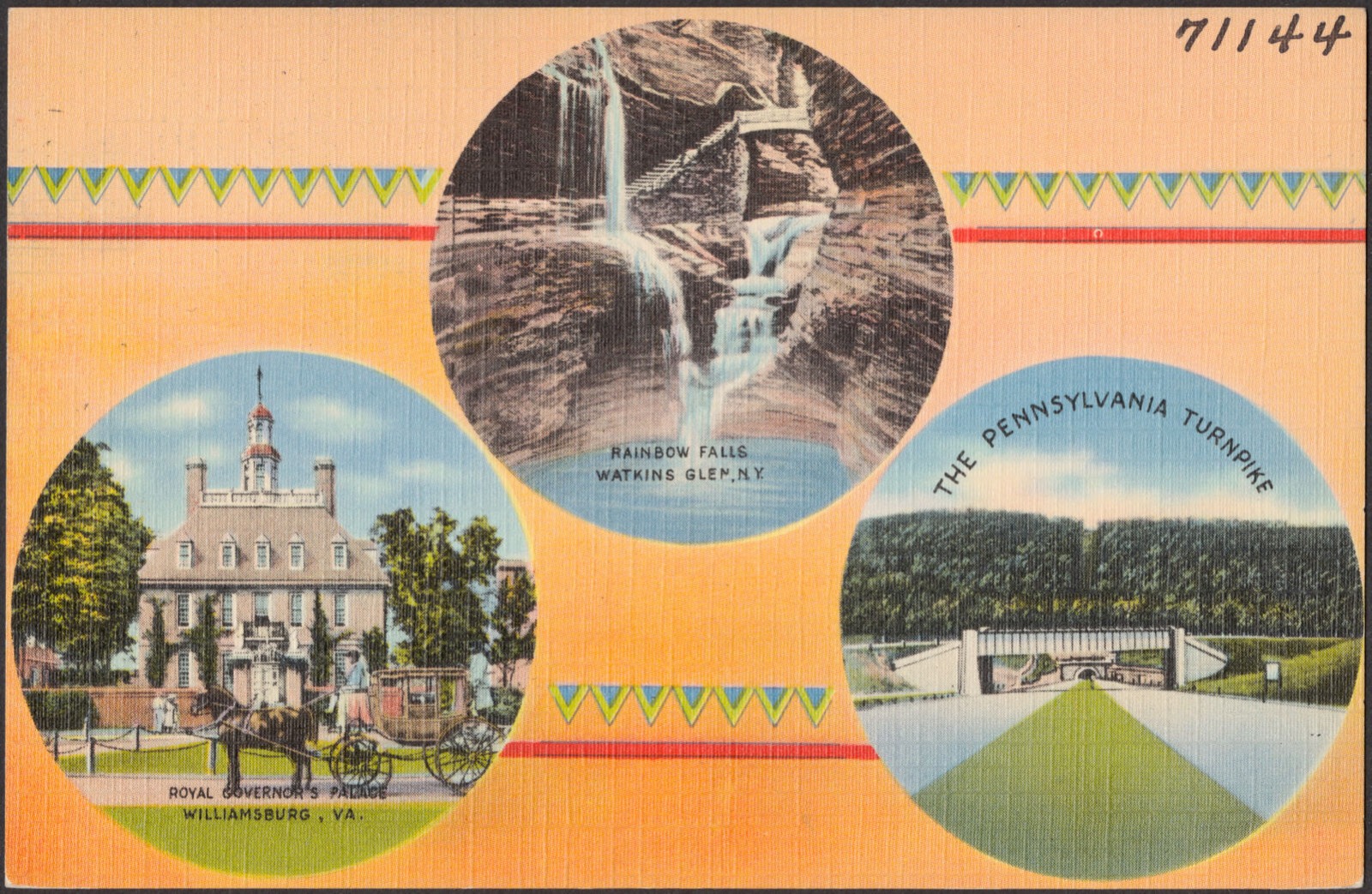 Rainbow Falls, Watkins Glen, N. Y. Royal Governor's Palace, Williamsburg, Va. The Pennsylvania Turnpike, Boston Public Library - undated
