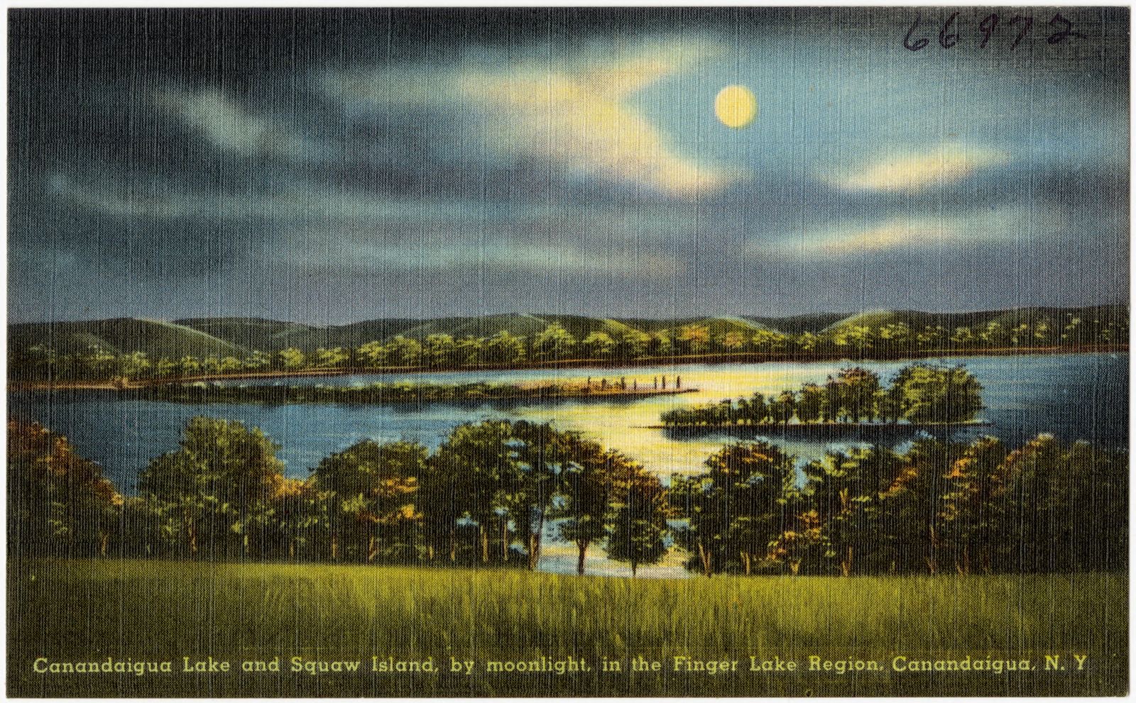 Canandaigua Lake and Squaw Island, by moonlight, in the Finger Lake Region, Canandaigua, N. Y., Boston Public Library - undated