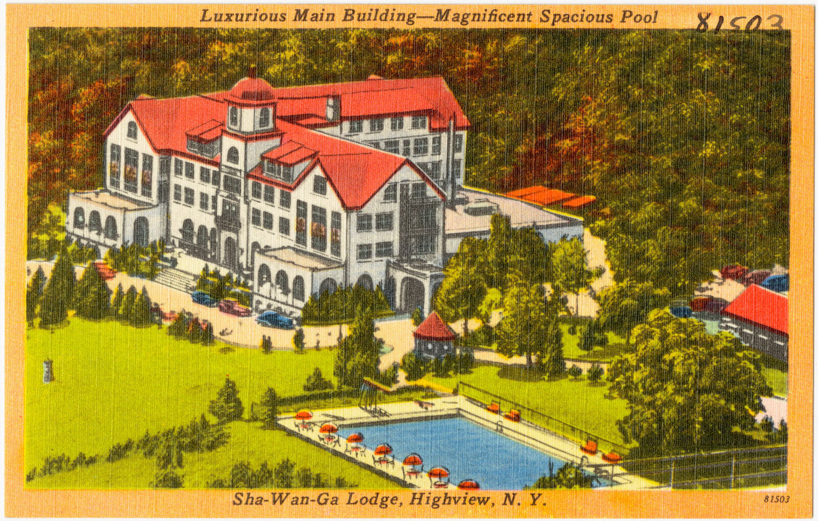 Luxurious main building -- magnificent spacious pool. Sha-Wan-Ga Lodge, Highview, N. Y., Boston Public Library - undated