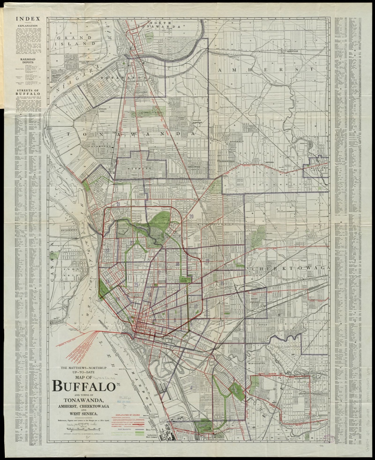 The Matthews-Northrup up-to-date map of Buffalo and Towns of Tonawanda, Amherst, Cheektowaga and West Seneca, Boston Public Library - undated