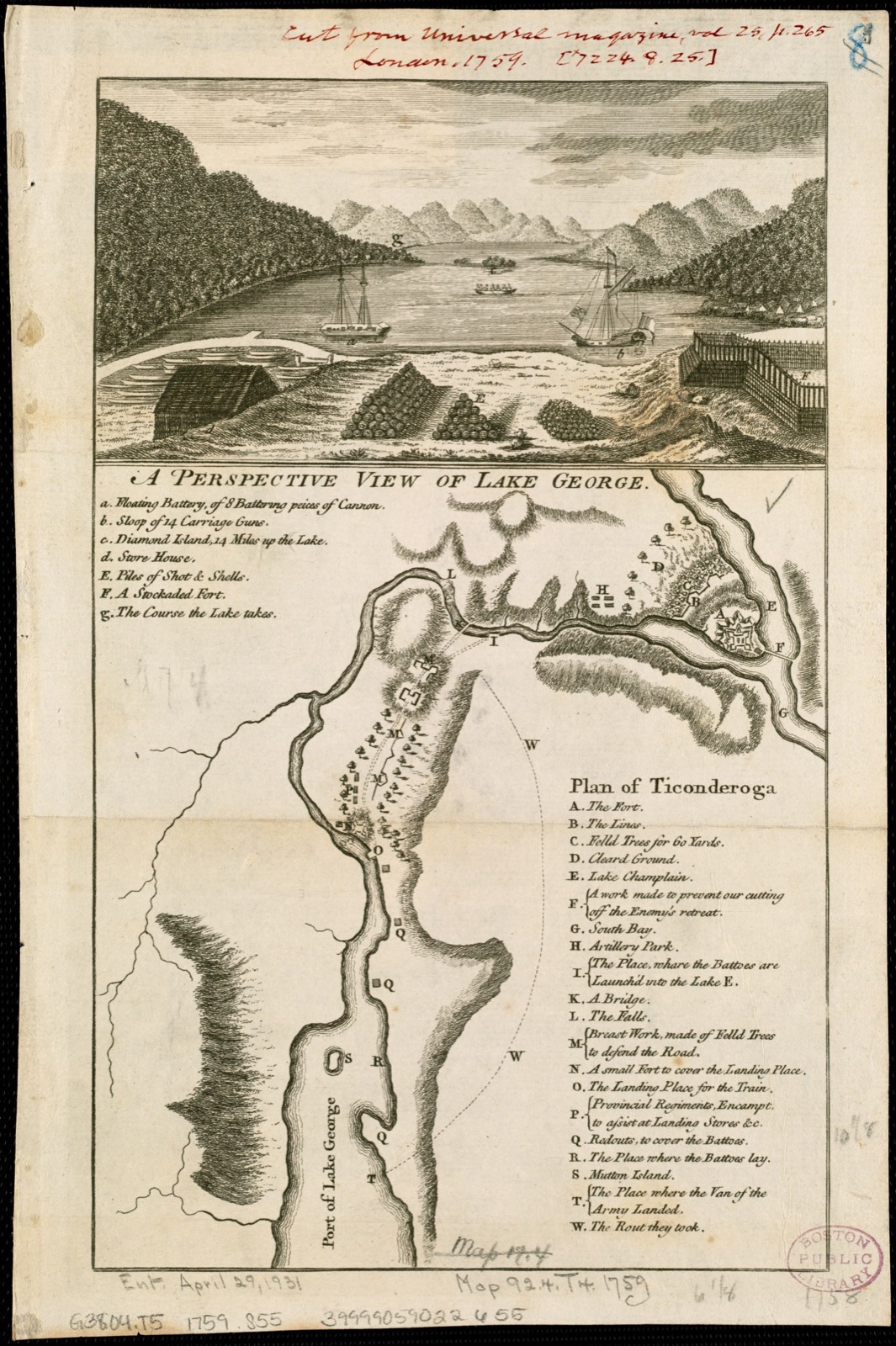 A perspective view of Lake George Plan of Ticonderoga, Boston Public Library - undated