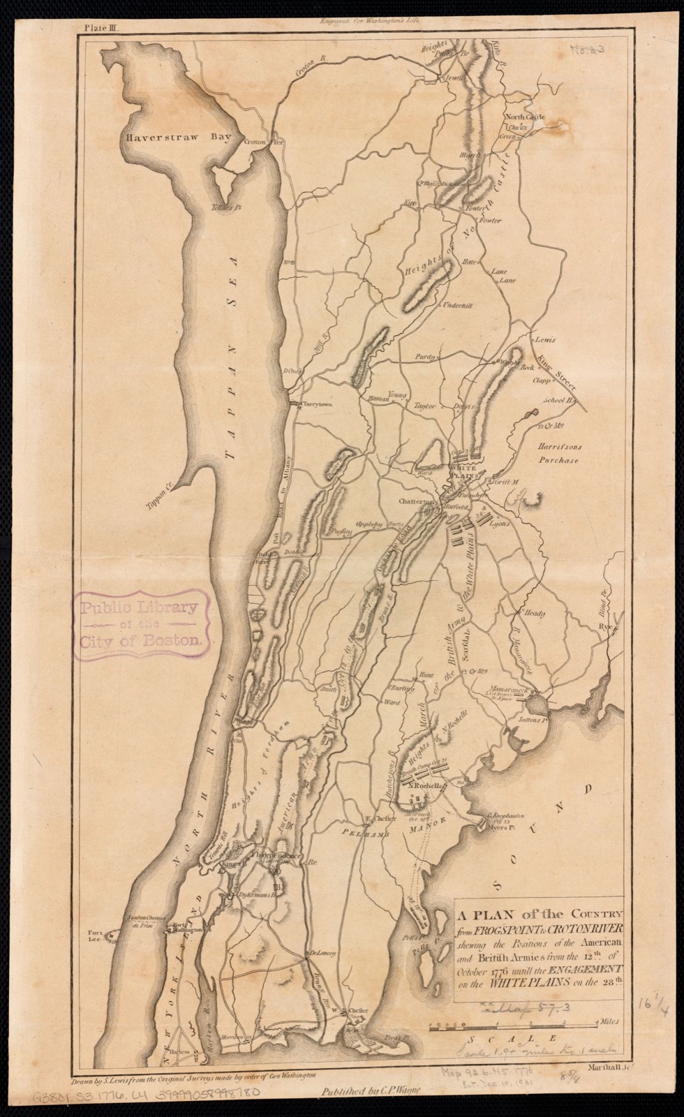 A plan of the country from Frogspoint to Croton River shewing the positions of the American and British armies from the 12th of October 1776 until the engagement on the White Plains on the 28th, Boston Public Library - undated