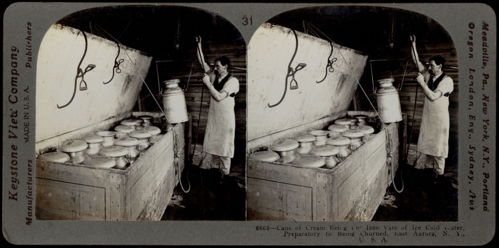 Cans of cream being put into vats of ice cold water, Boston Public Library - undated